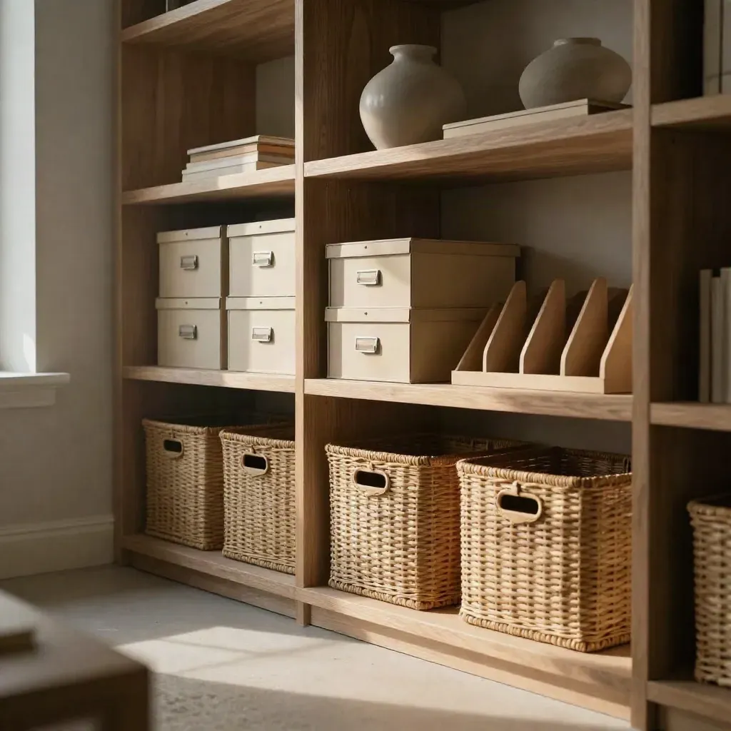 Built-in shelves with woven bins, storage boxes, and a ceramic vase in soft rainy light