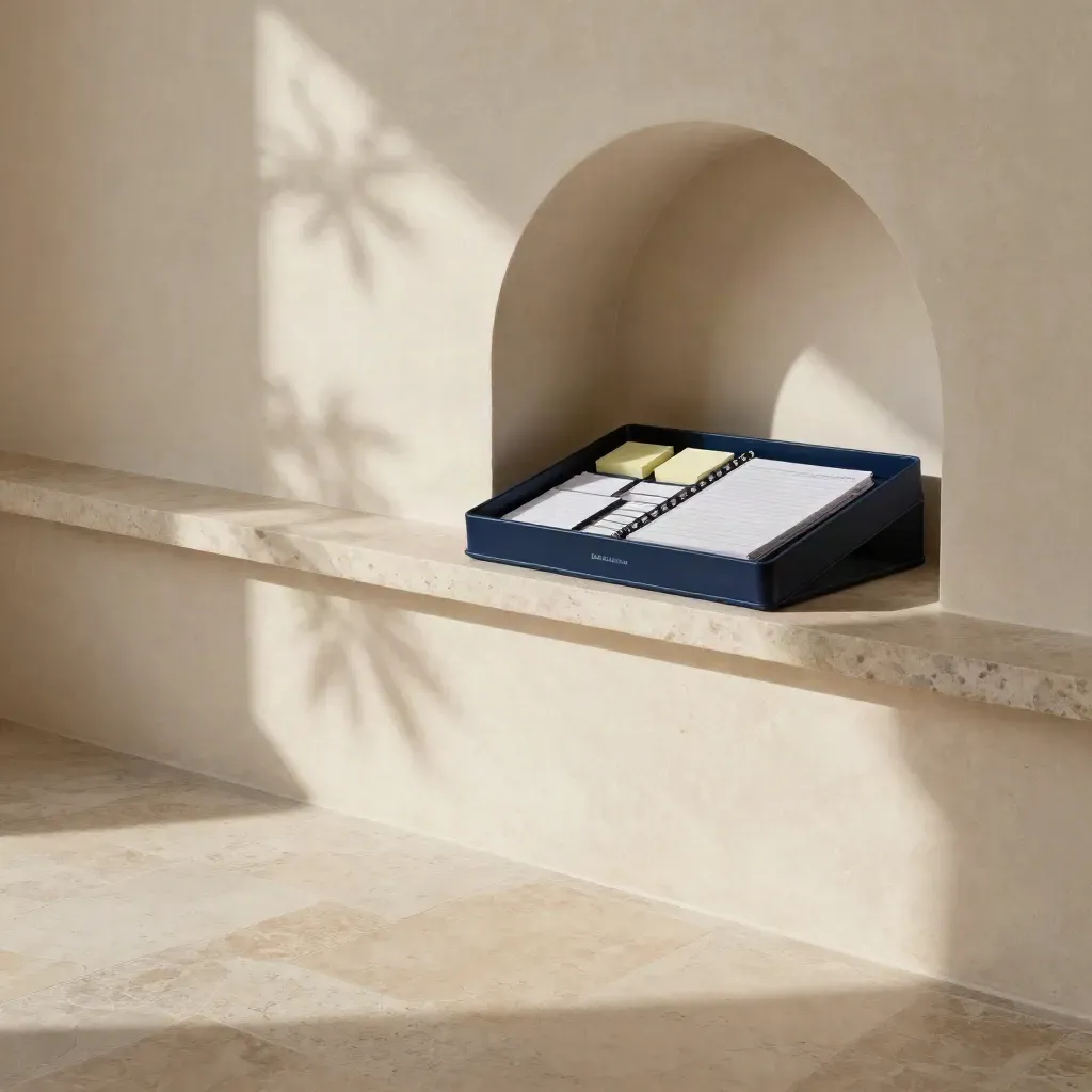 Pale stone arch corner with a navy planning tray on a ledge, sunlit dust and calm copy space.