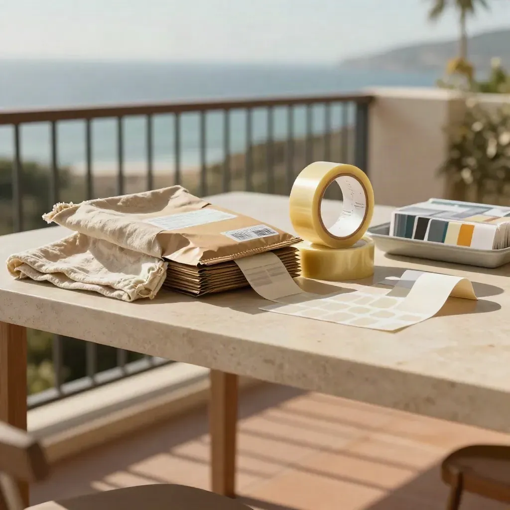 Sunlit balcony packing setup with kraft mailers, tape and labels on pale stone.