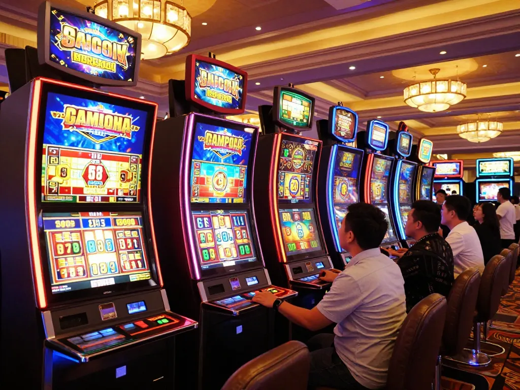Players engaging with slot gacor gampang menang machines in lively casino atmosphere.