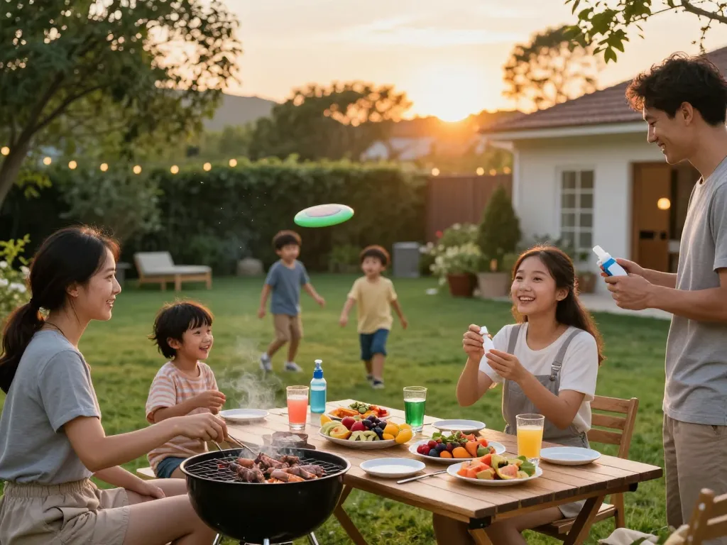 Family using mosquito repellent while enjoying a backyard barbecue safely.