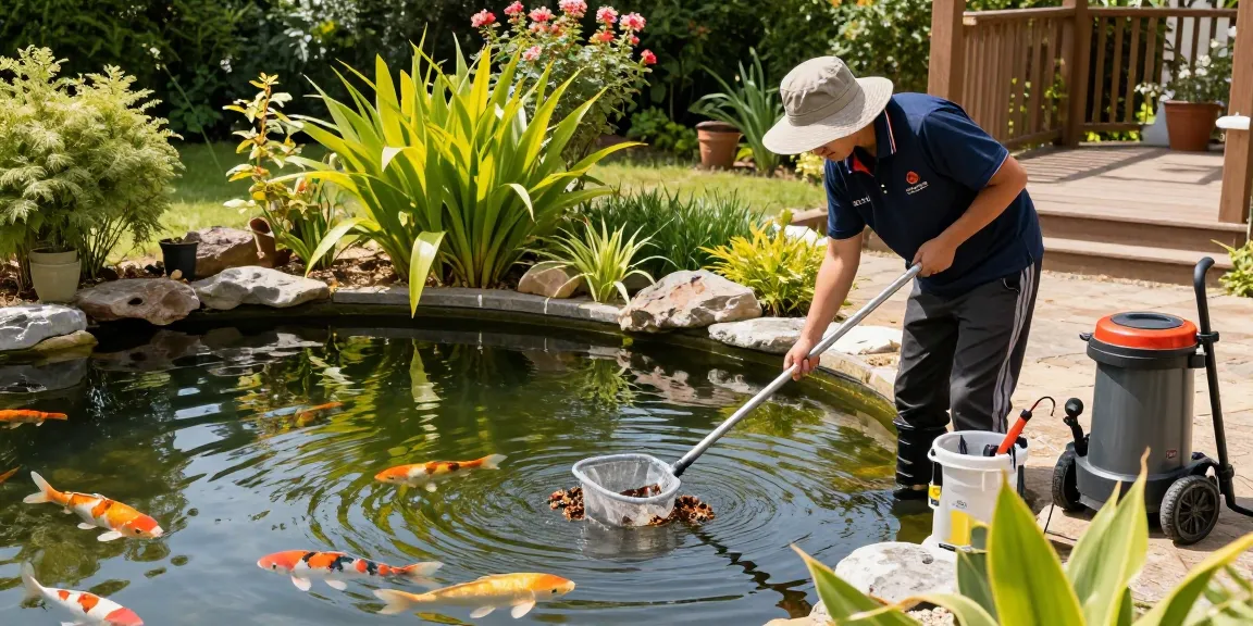 Professional Pond Cleaning Essex with technician maintaining a serene backyard pond.
