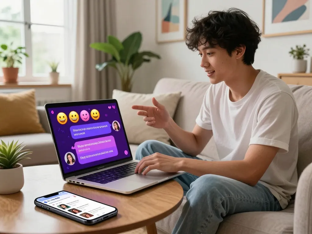 Sexting AI interaction on a laptop with vibrant emojis and animated characters in a cozy setting.