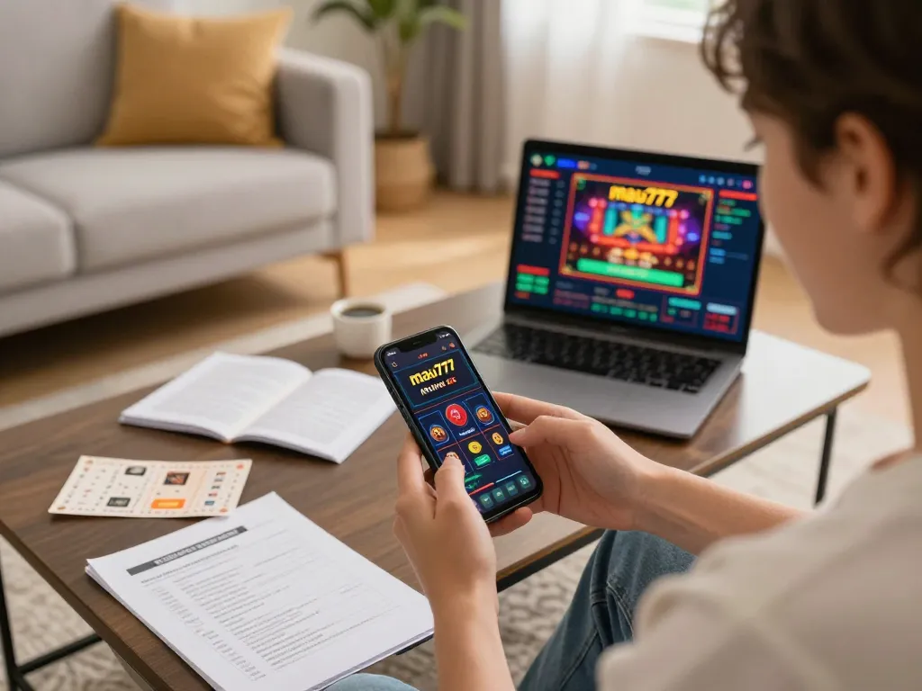 Engaging moment of a player using mau777 app for online gaming on smartphone in cozy living room setting.