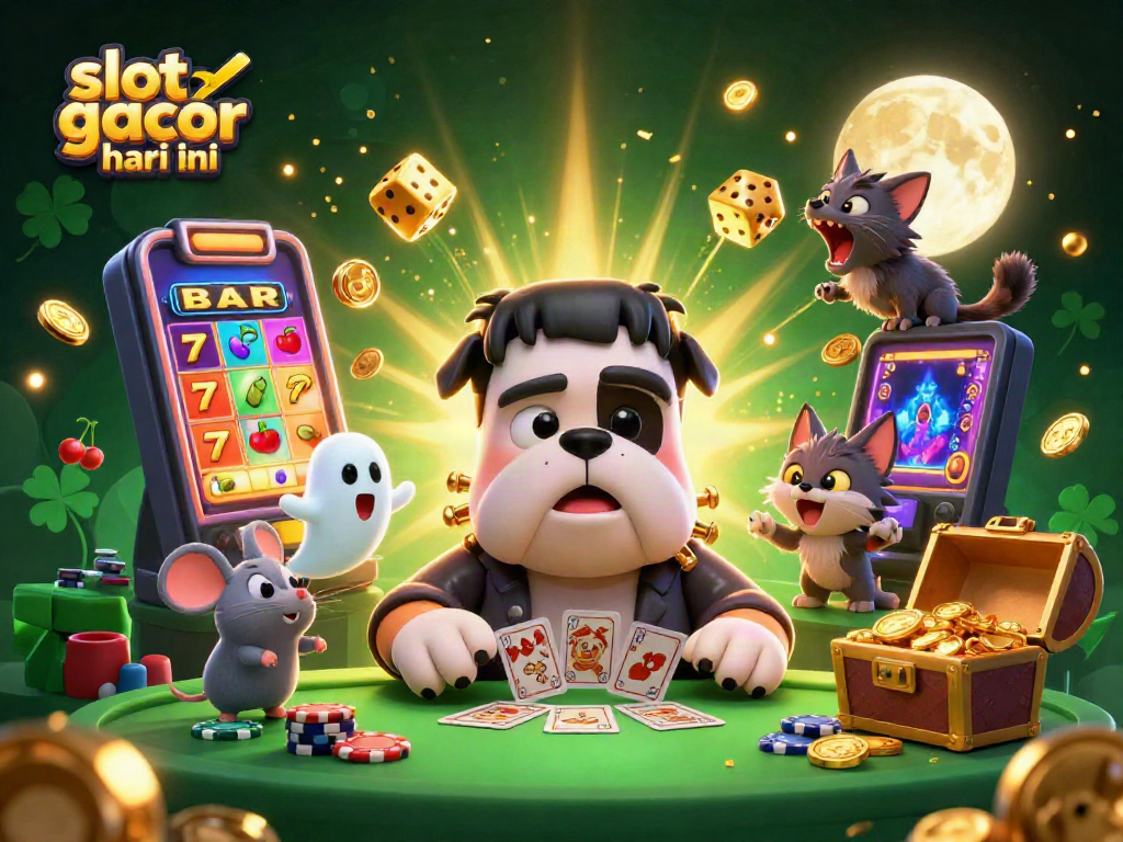 Experience slot gacor hari ini with thrilling characters in a vibrant casino-themed illustration.