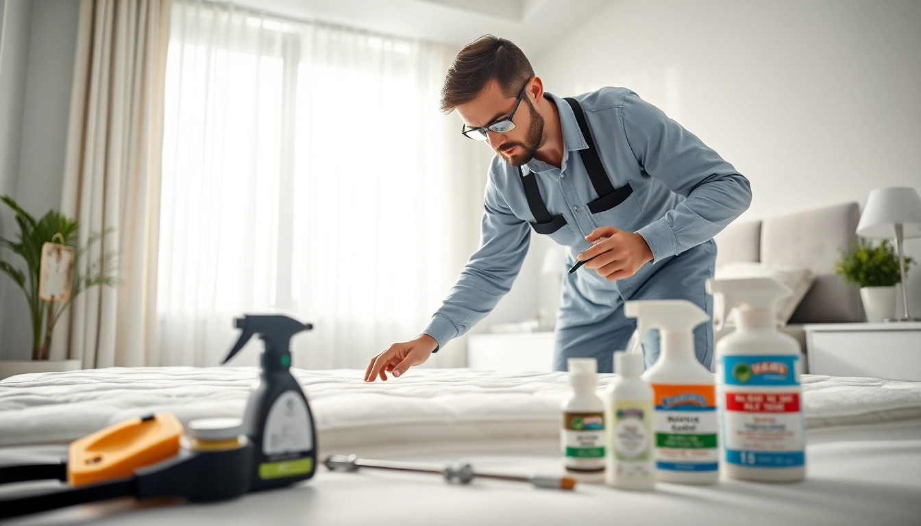 Professional bedbugs exterminator near me inspecting a mattress in a well-lit bedroom