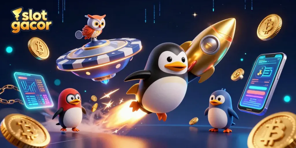 Engage with slot gacor in an ultra-detailed 3D illustration featuring a golden penguin and casino elements.