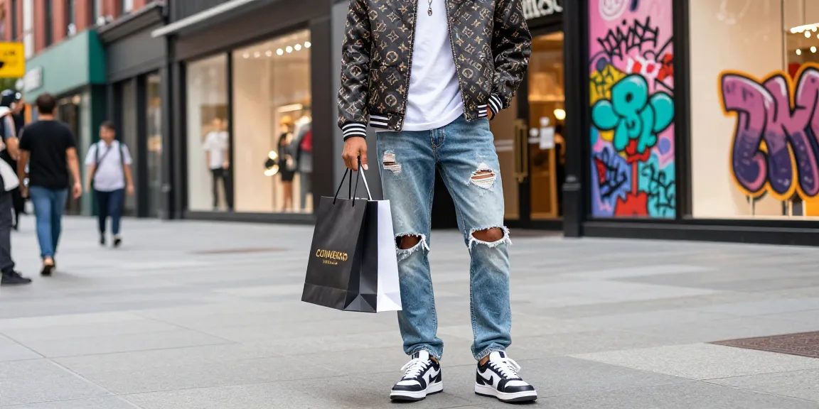Stylish individual showcasing trendy 레플리카 clothing in an urban street setting.