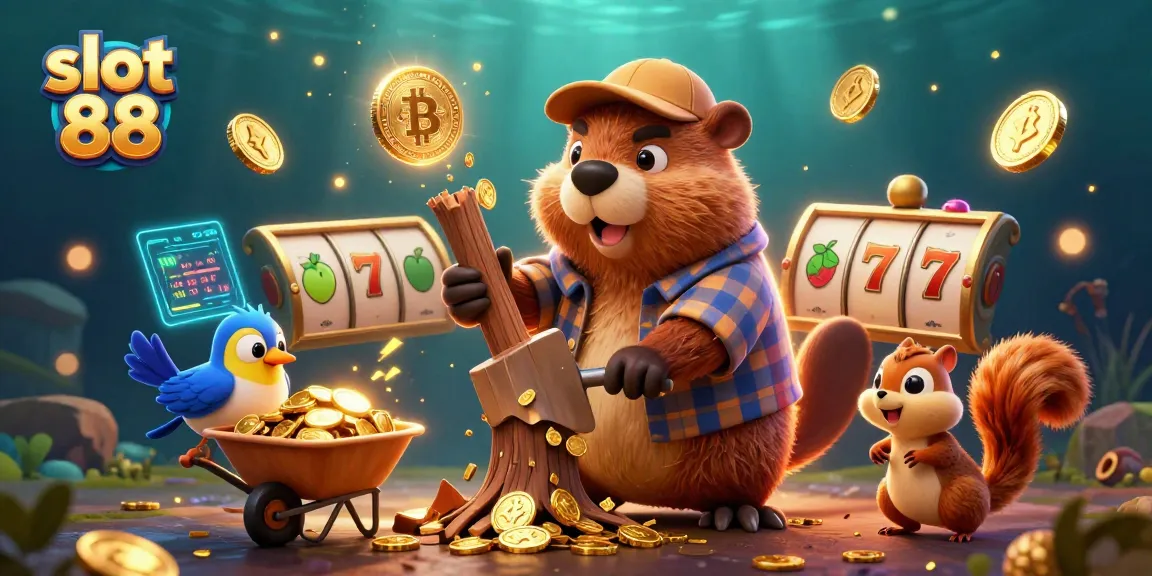 Experience slot 88 excitement with a lively illustration of a beaver, bird, and squirrel collecting gold coins.