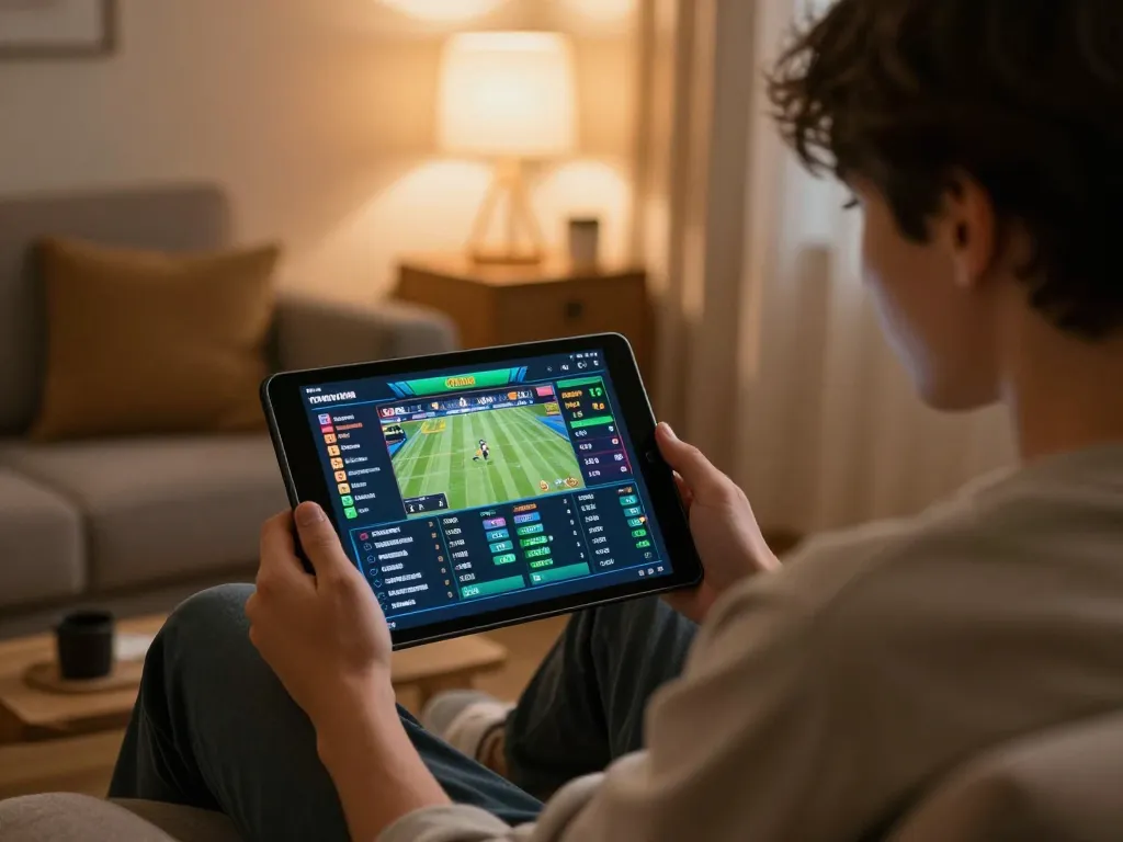 Cà Khịa TV user engaging in online sports betting, focused on tablet with live odds