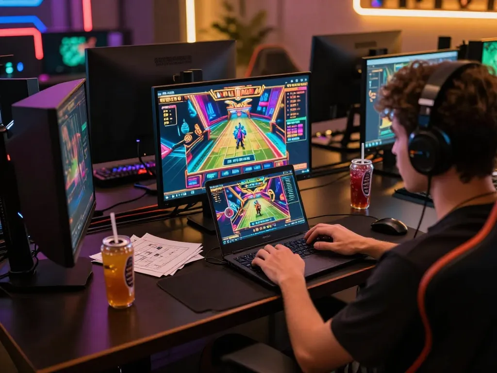 Player engaged in slot online gaming on a laptop, focused and surrounded by strategy notes in a vibrant home setting.