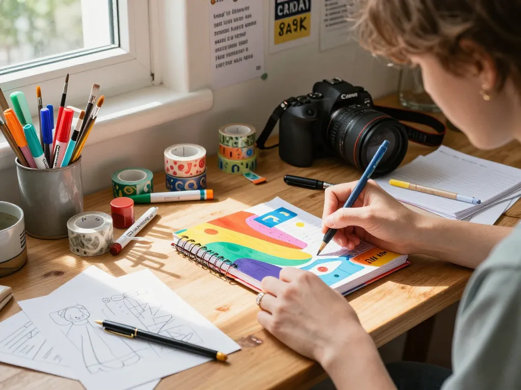 Artist customizing vibrant custom notebooks with colorful supplies on a sunlit table.