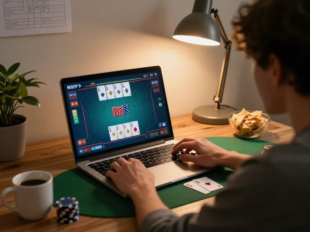 The hidden wiki online gaming setup with player engaged in poker game on laptop, ambient lighting creating a cozy atmosphere.