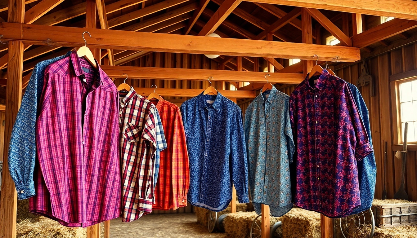 Cowboy shirts Canada showcased in a rustic barn setting with vibrant colors and intricate patterns.
