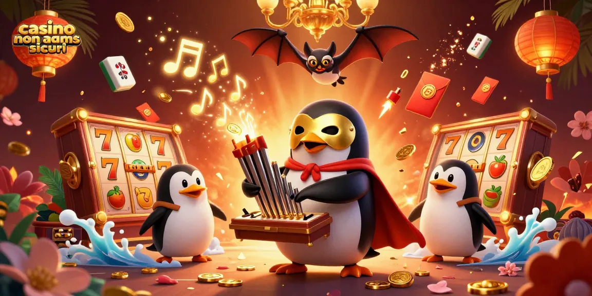 Gioca nei casinò non AAMS sicuri con un pinguino d'opera e monete dorate fluttuanti.