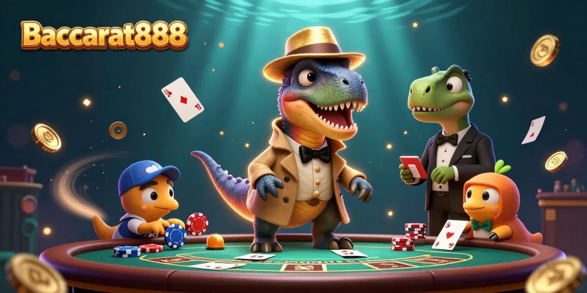 Baccarat888 lively scene with a velociraptor card counter and flying baccarat elements, enticing players at the table.