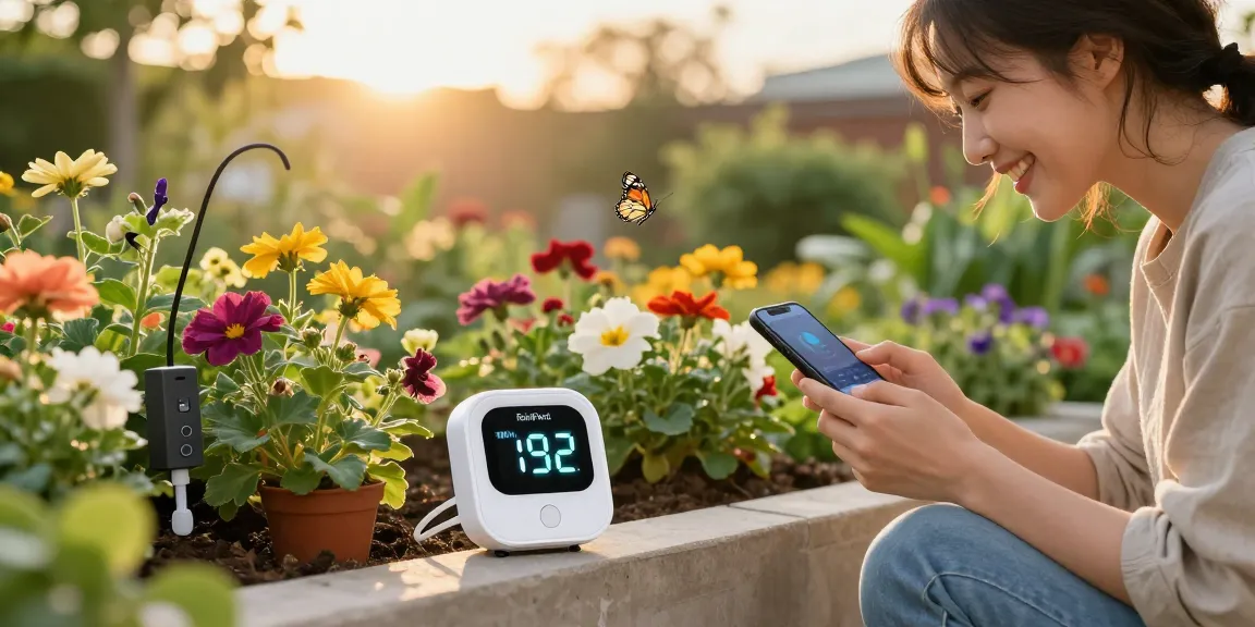 RainPoint WiFi timer in a vibrant garden, showcasing easy plant care.