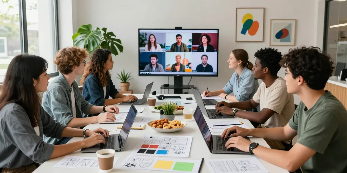 Team collaboration at Dreambox Studio, showcasing a creative multimedia workspace with team members brainstorming.