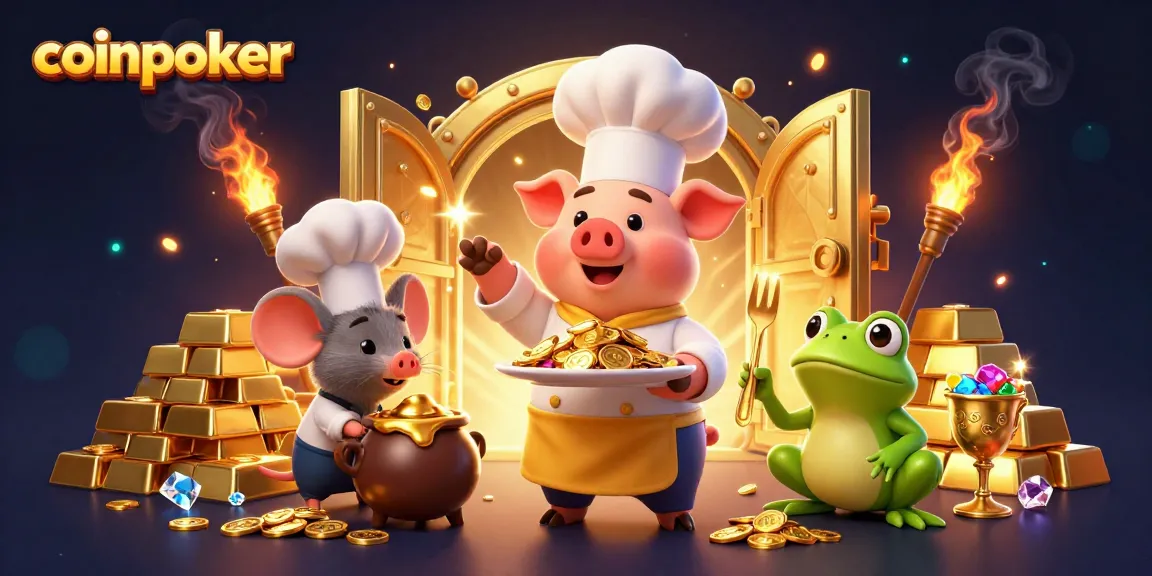 Jouez sur CoinPoker et découvrez des pièces d'or et des jeux captivants dans cette illustration colorée.
