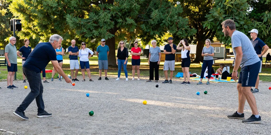 Permainan petanque di taman komunitas yang melibatkan fopikotatarakan.org, dengan pemain beragam usia dan latar belakang.