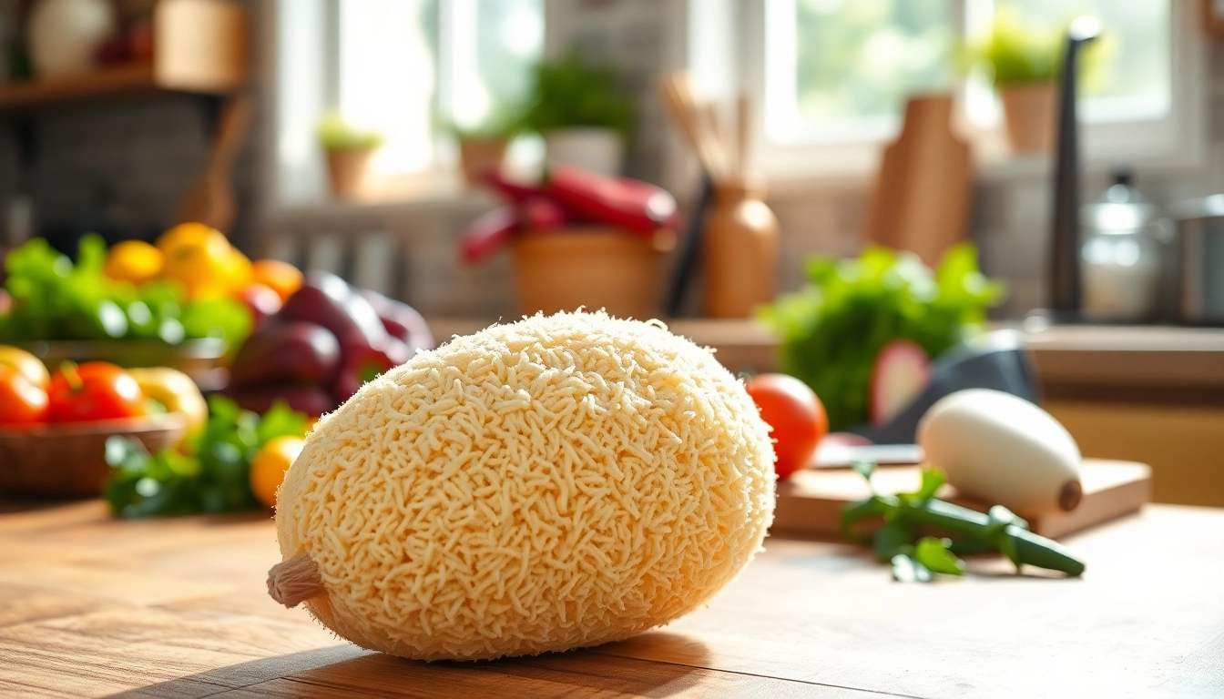 Explore kitchen loofah benefits with a natural loofah and fresh vegetables on a countertop.