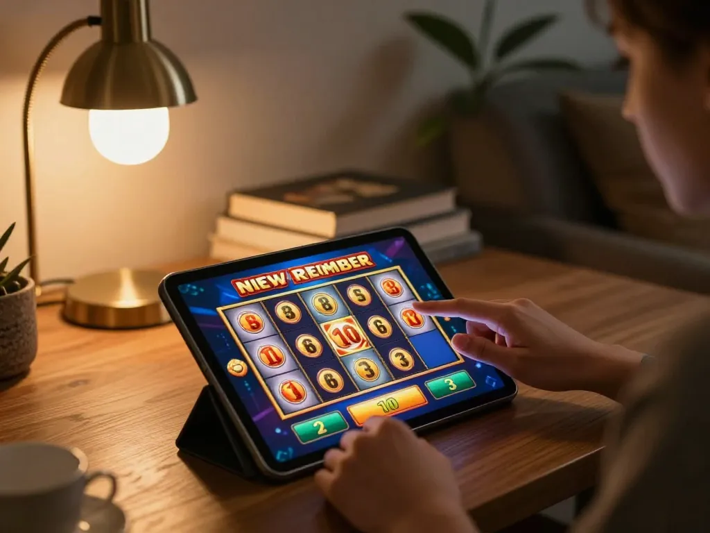 Engaging in online gaming while claiming slot bonus new member 100 on a tablet in a cozy living room.