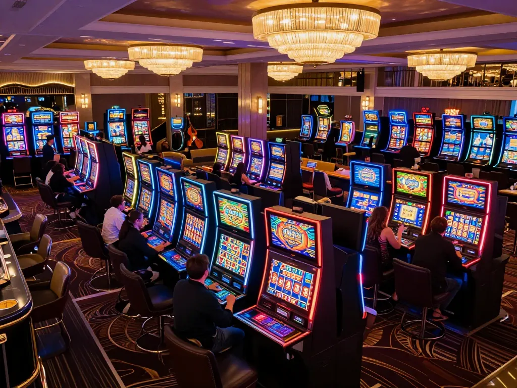 Players engaging with vibrant slot machines at a lively casino, highlighting casino online esteri options.