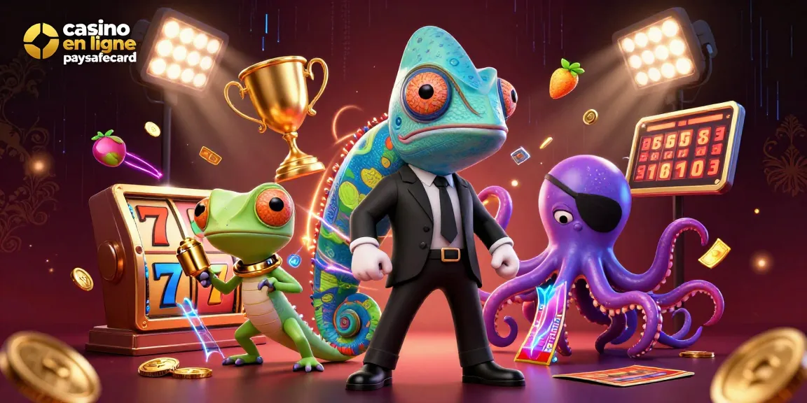 Découvrez le monde captivant du casino en ligne paysafecard avec cette illustration dynamique, remplie d'éléments de jeux.