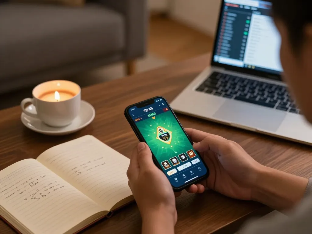 Tài xỉu online uy tín player engaged in strategic gameplay using smartphone and laptop in cozy setting