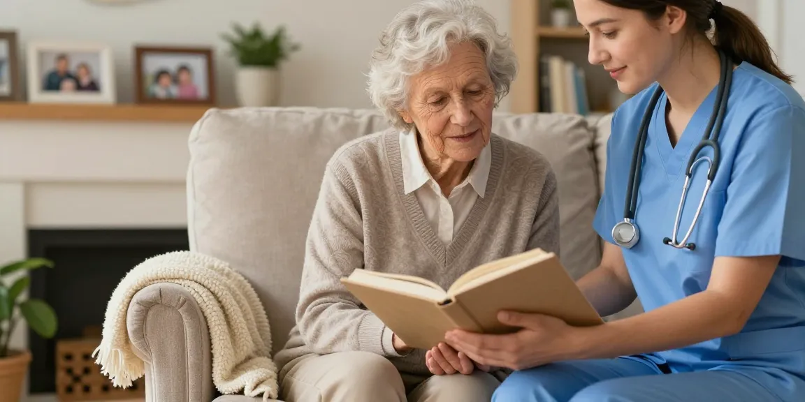 Home care professional sharing a moment with a bonus new member in a cozy living room atmosphere.