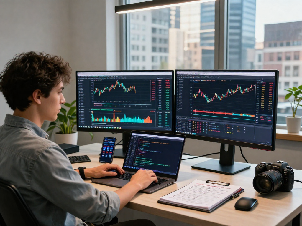 TradingView workspace with an analyst using dual monitors for market analysis and Pine Script coding.