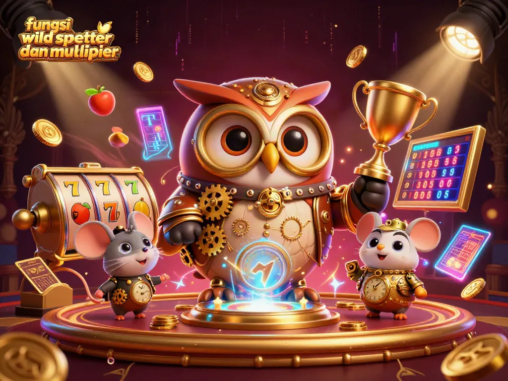 Ilustrasi 3D yang mendemonstrasikan fungsi wild scatter dan multiplier dengan elemen kasino yang dinamis dan menarik.