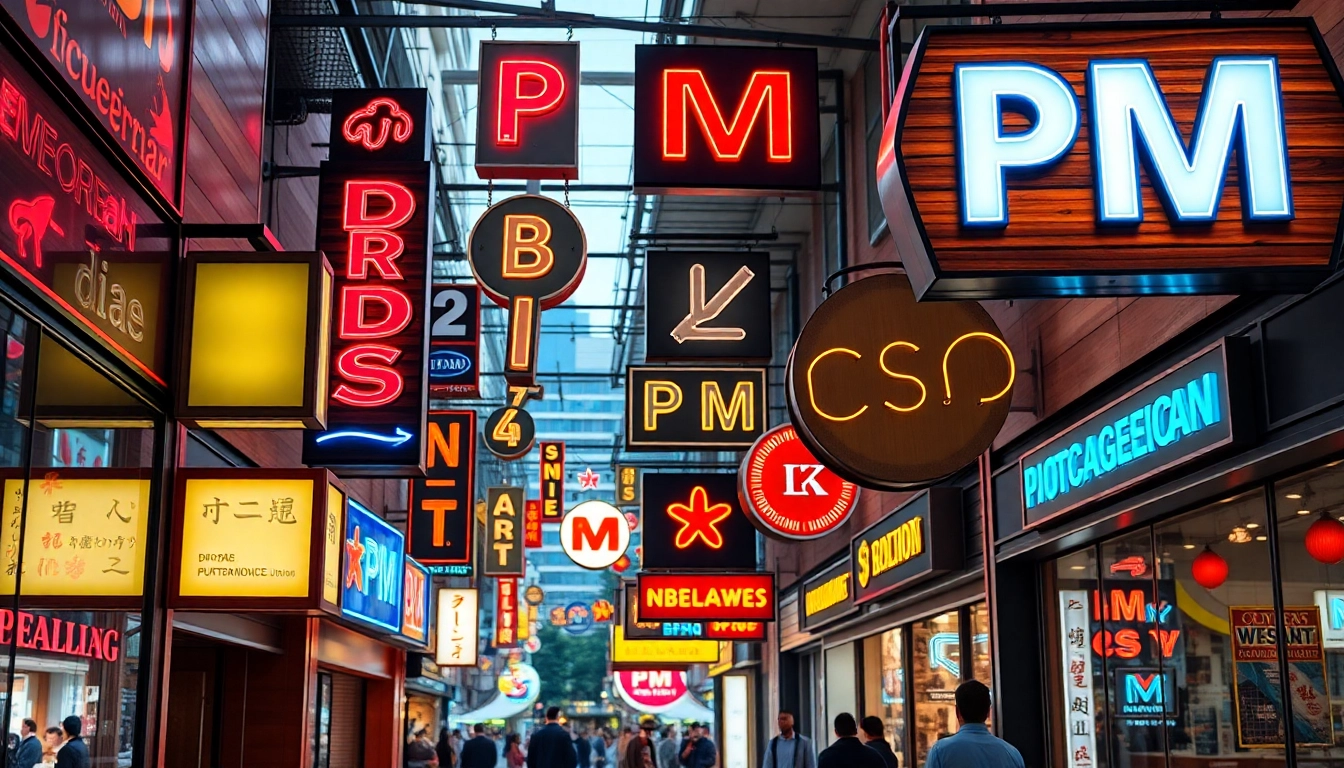 Showcasing PM signs in a vibrant urban environment with various design styles and creative textures.