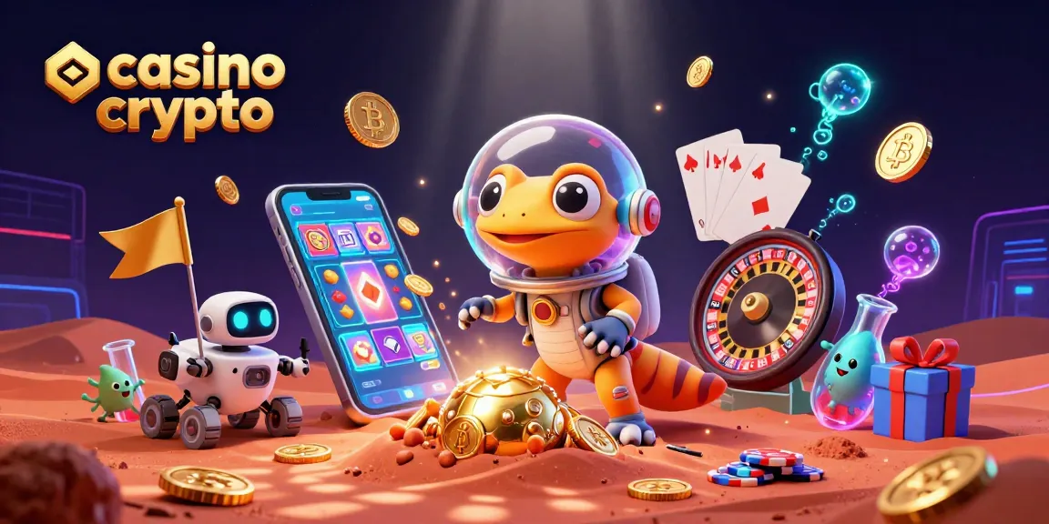 Scopri il casino crypto con giochi e monete digitali in un'illustrazione 3D colorata.