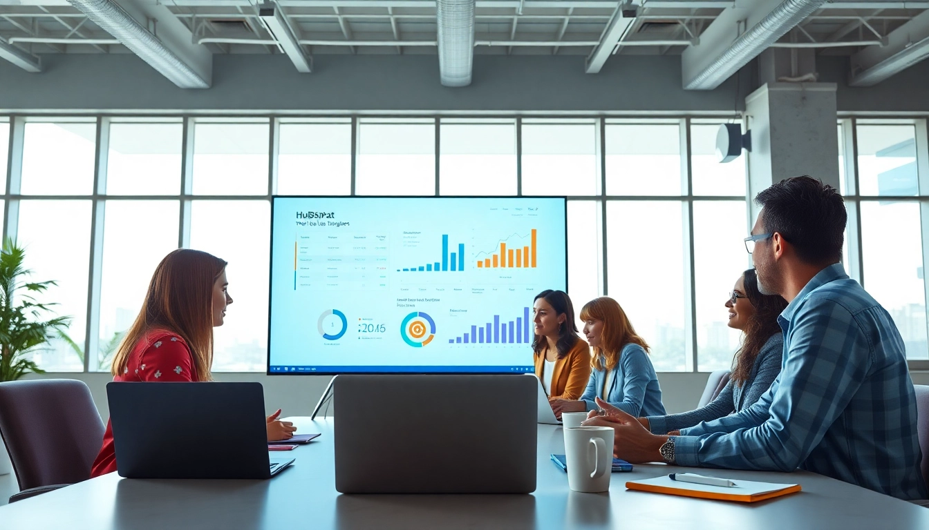 Utilizing hubspot free tools in a vibrant office setting during a team discussion.
