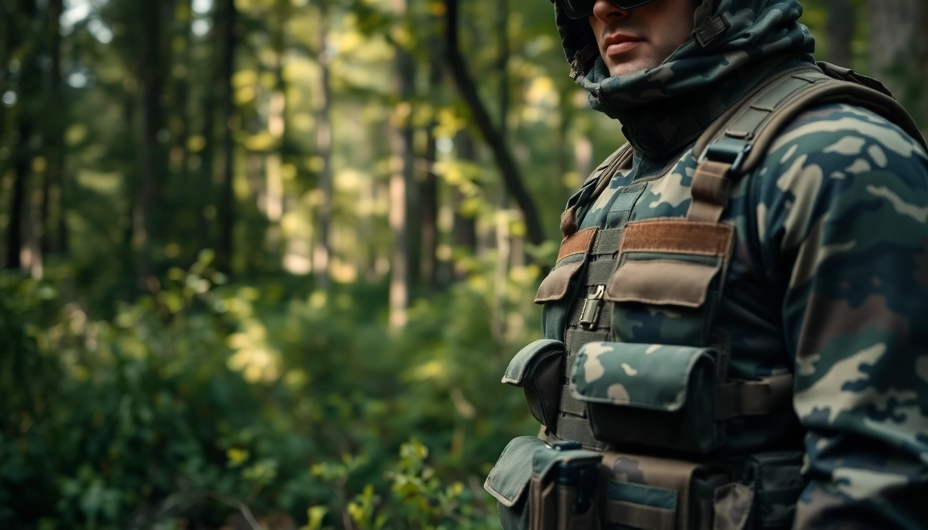 Goedkope camouflage print gekleed militair in een bosrijke omgeving.