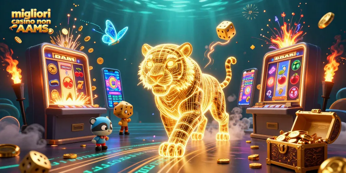 Scopri i migliori casino non AAMS con una tigre dorata e slot travolgenti in un'illustrazione ricca di dettagli.
