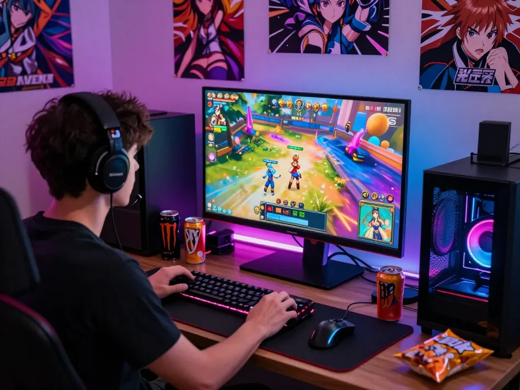 Player immersed in a hentai game with vibrant visuals and gaming gear.
