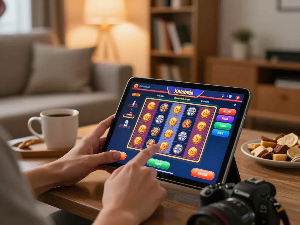 Engaging online gaming with a tablet showing slot server kamboja interface in a cozy home setting
