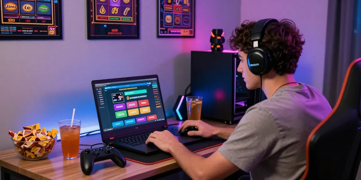 Engaged gamer exploring online casinos that accept credit cards with vibrant interface in cozy home setting.