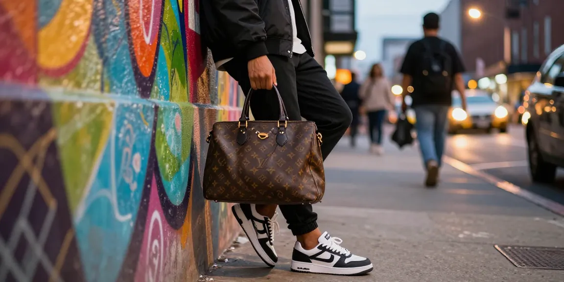 Stylish individual showcasing luxury replica handbag in vibrant urban street setting.