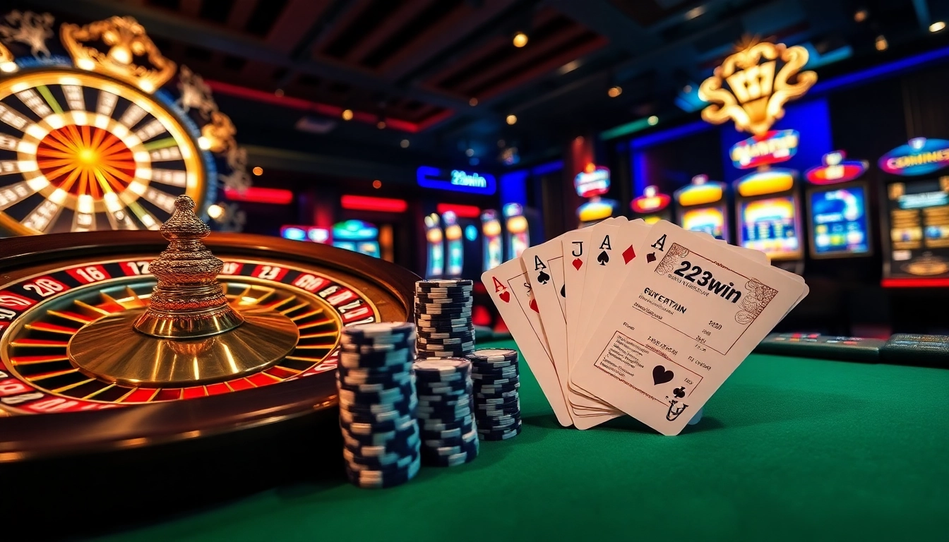 Experience the thrill of 23win at a luxurious casino with vibrant roulette and slot machines.