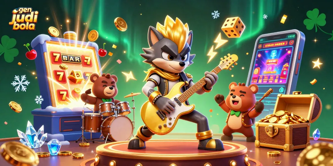 A colorful depiction of agen judi bola featuring a rock star wolf and drummer bear amidst a dynamic casino scene bursting with excitement.