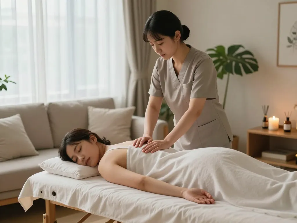 전문 치료사와 함께 아늑한 거실 환경에서 평화로운 강남출장마사지 즐기기.