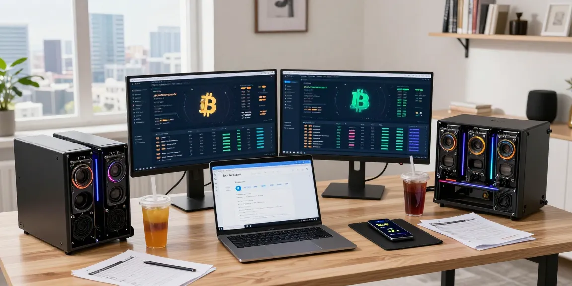Mining crypto online setup with dual monitors displaying Bitcoin blockchain statistics and DeFi platform analysis, modern home office.