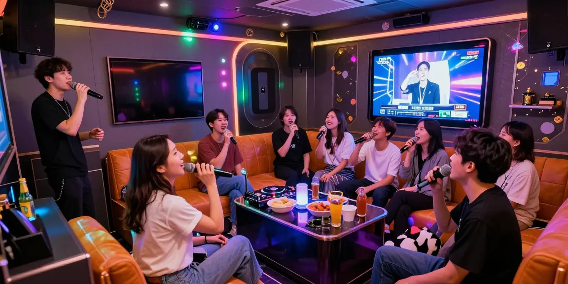 Group singing at 강남 달토 가라오케 with vibrant lighting and professional DJ.