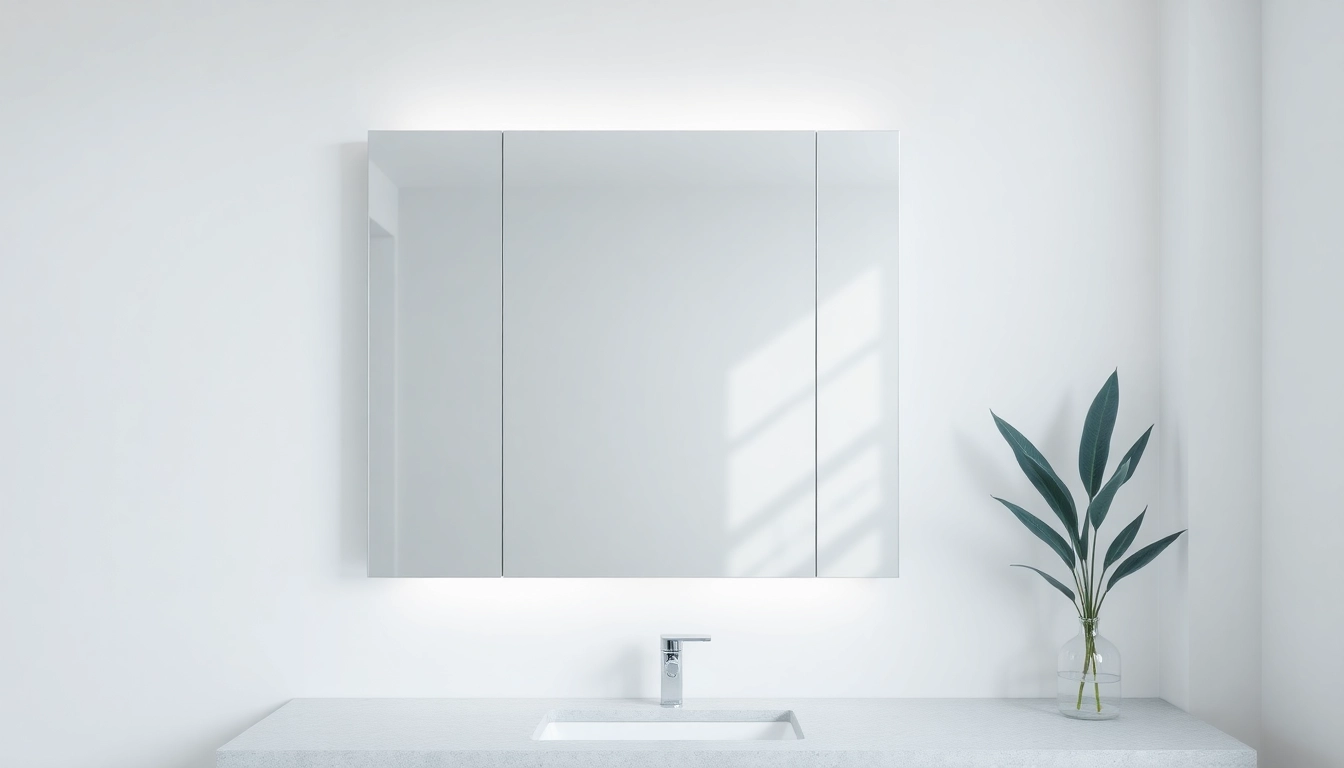 Showcase of a mirrored bathroom cabinet with light illuminating a stylish bathroom.