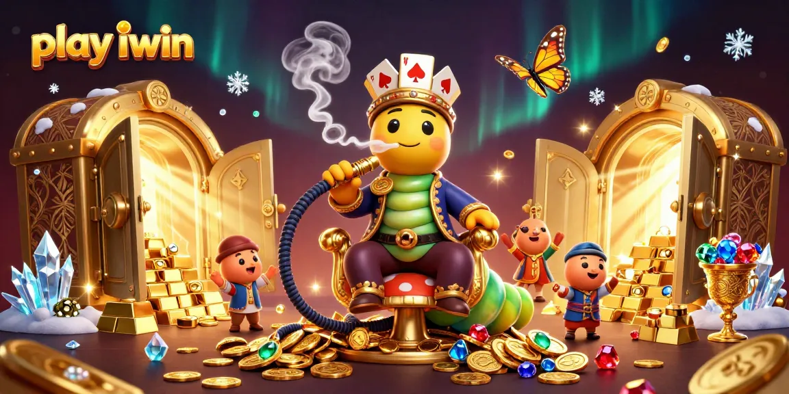 Play iwin and win big with vibrant 3D casino-themed illustration featuring a whimsical caterpillar master.