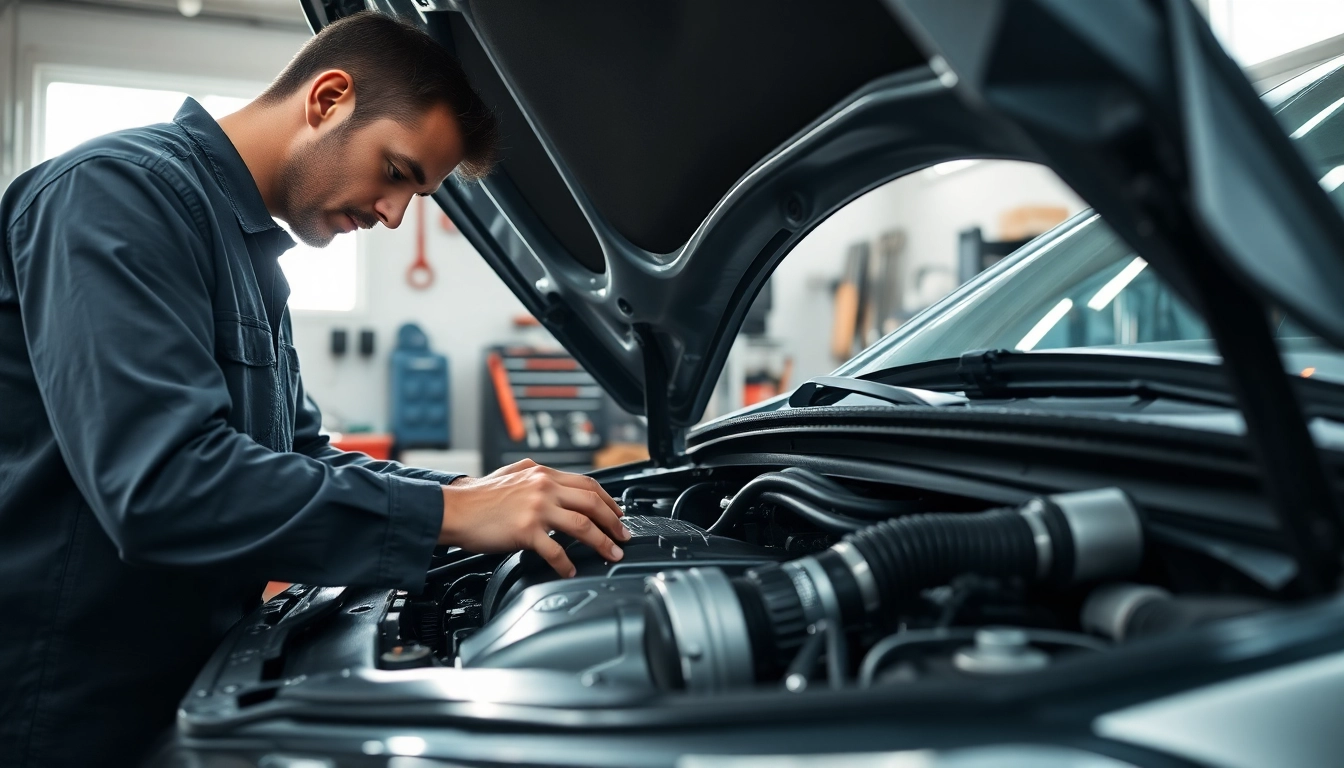 Inspecting mechanical breakdown coverage alternative with a professional mechanic in a bright, organized garage.