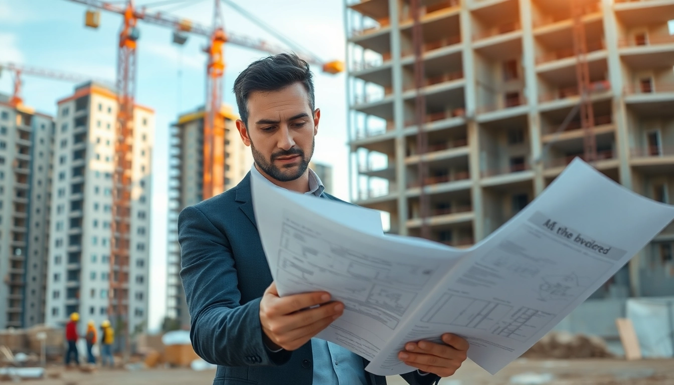Real Estate Developer studying blueprints on construction site with ongoing project in background.